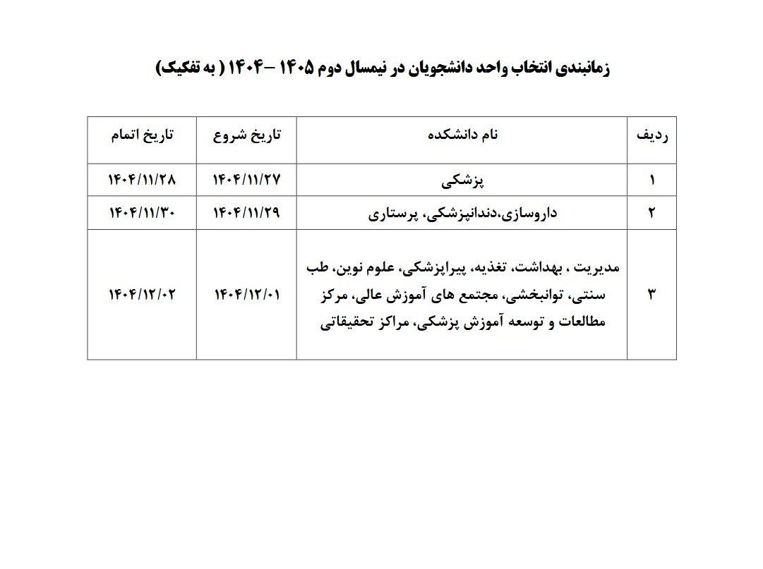 زمانبندی انتخاب واحد واحد دانشجویان در نیمسال دوم 1405-1404